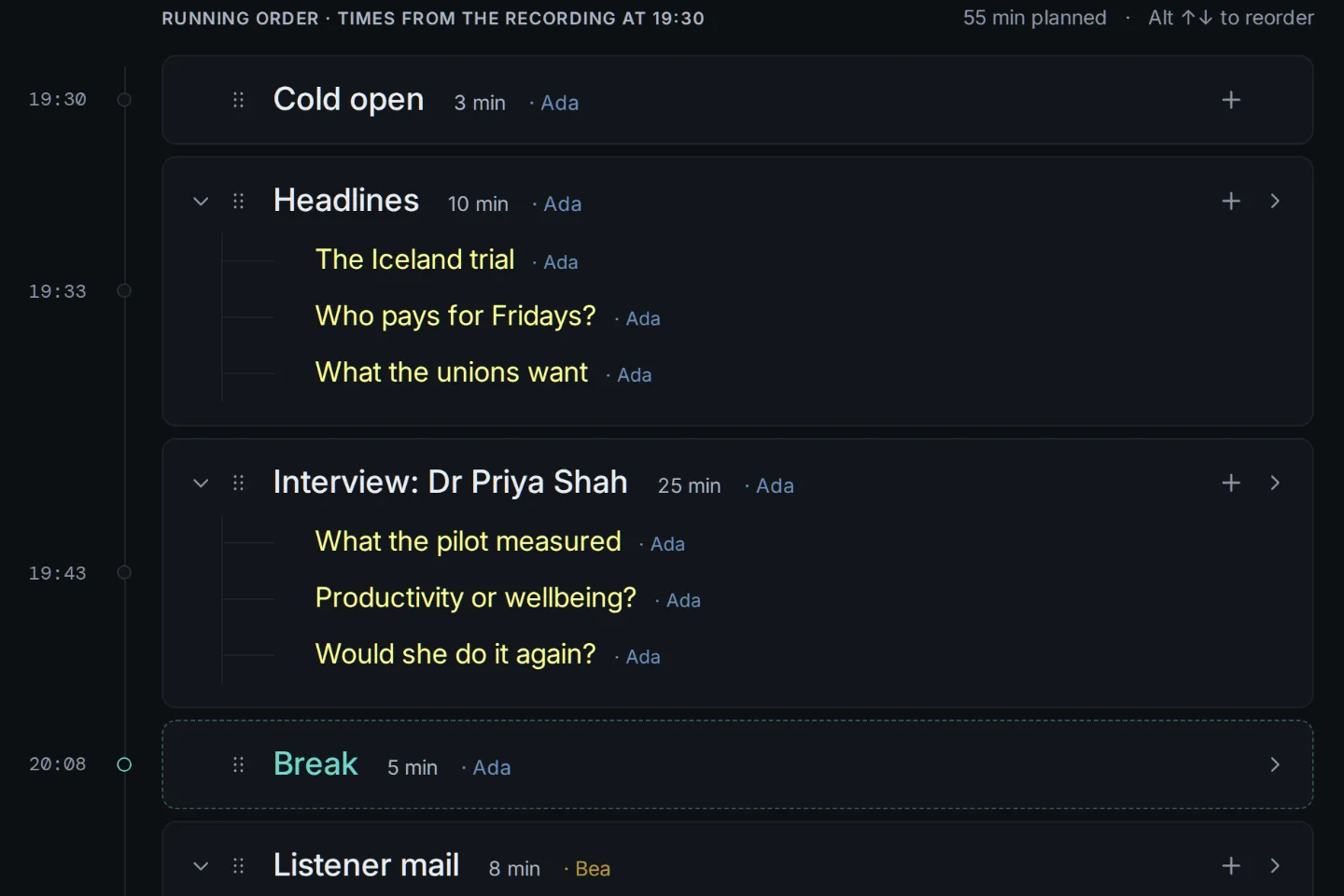 A running order: topics with their minutes and the points under them, and the time each one starts.